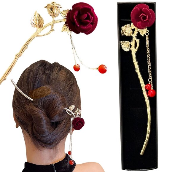 Retro Rose Flower Hair Clips Metal Pearl Tassel Hair Accessories for Women - Picture 1 of 8